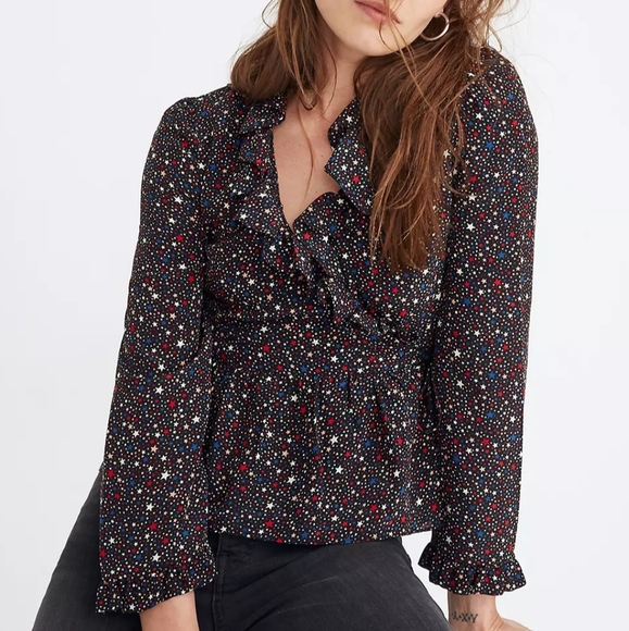 Madewell 100% Silk Ruffle-Hem Wrap Top in Starry Night Sz. Sm - Picture 3 of 16